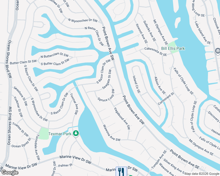map of restaurants, bars, coffee shops, grocery stores, and more near 129 Seagate Street Southwest in Ocean Shores