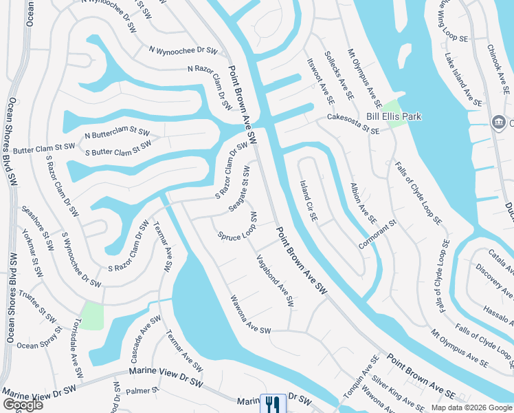 map of restaurants, bars, coffee shops, grocery stores, and more near 129 Seagate Street Southwest in Ocean Shores