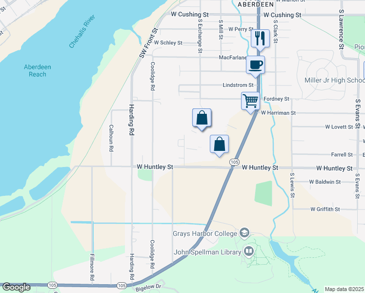 map of restaurants, bars, coffee shops, grocery stores, and more near 1130 South Shore Boulevard in Aberdeen
