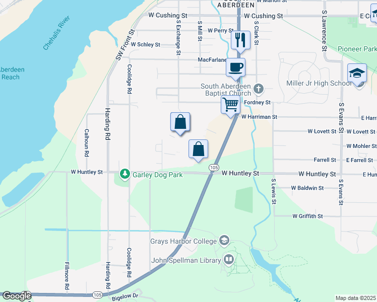 map of restaurants, bars, coffee shops, grocery stores, and more near 901 South Boone Street in Aberdeen