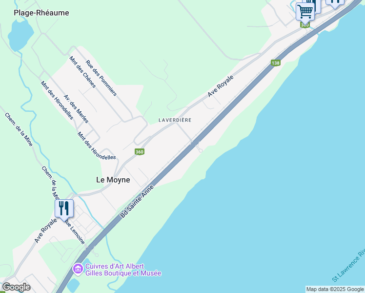 map of restaurants, bars, coffee shops, grocery stores, and more near Rang de Saint Achillée Ouest in Château-Richer