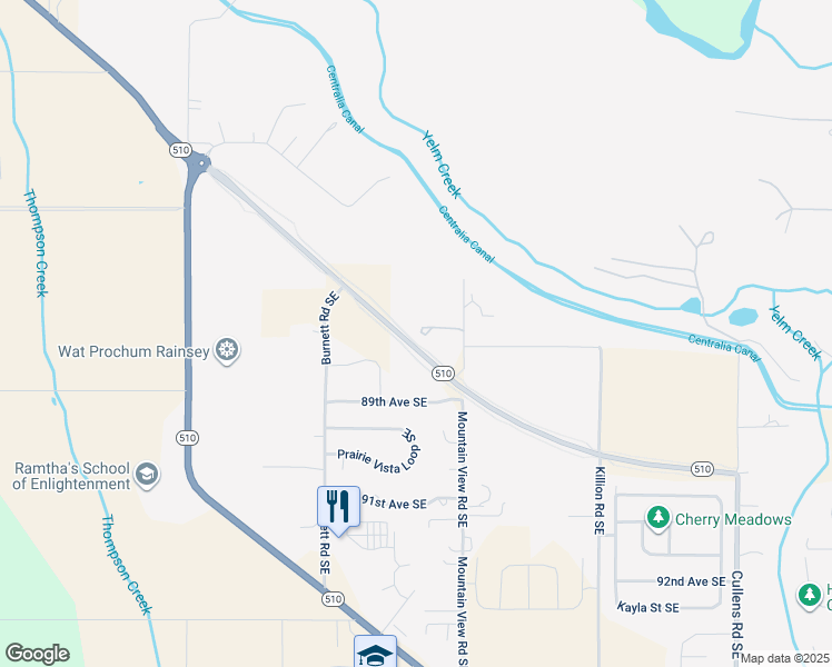 map of restaurants, bars, coffee shops, grocery stores, and more near 8725 Mountain View Road Southeast in Yelm