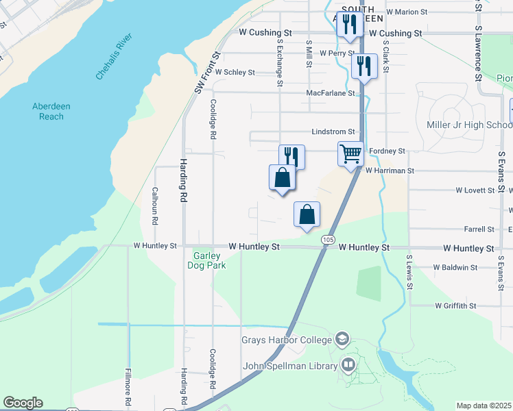 map of restaurants, bars, coffee shops, grocery stores, and more near 1130 South Shore Boulevard in Aberdeen