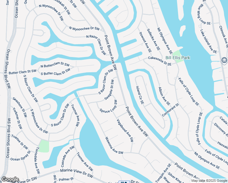 map of restaurants, bars, coffee shops, grocery stores, and more near 129 Seagate Street Southwest in Ocean Shores