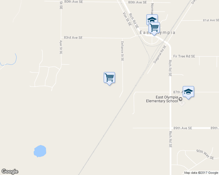 map of restaurants, bars, coffee shops, grocery stores, and more near 8623 Defiance Street Southeast in Olympia