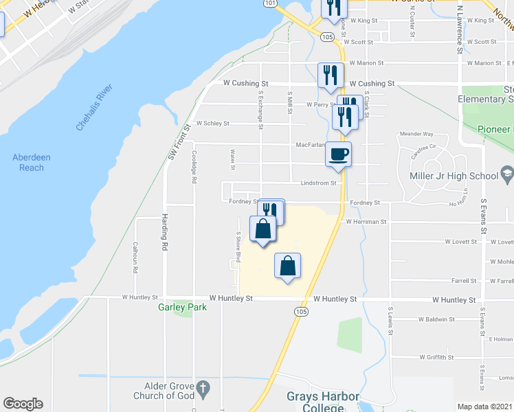 map of restaurants, bars, coffee shops, grocery stores, and more near 1101 Fordney Street in Aberdeen