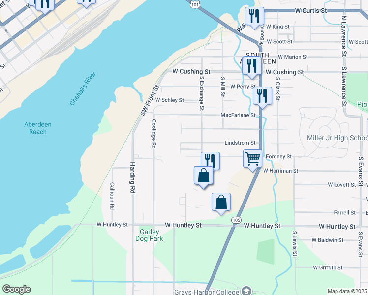 map of restaurants, bars, coffee shops, grocery stores, and more near 1113 Lindstrom Street in Aberdeen
