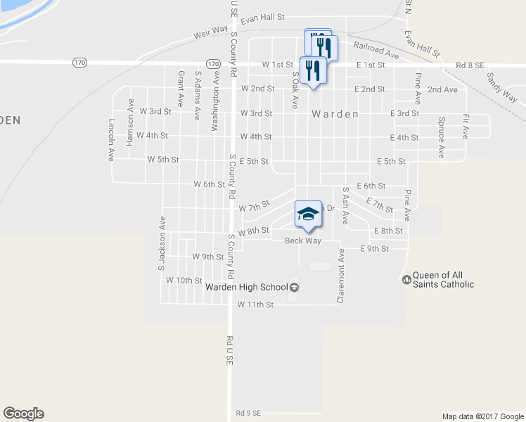 map of restaurants, bars, coffee shops, grocery stores, and more near 317 West 7th Street in Warden