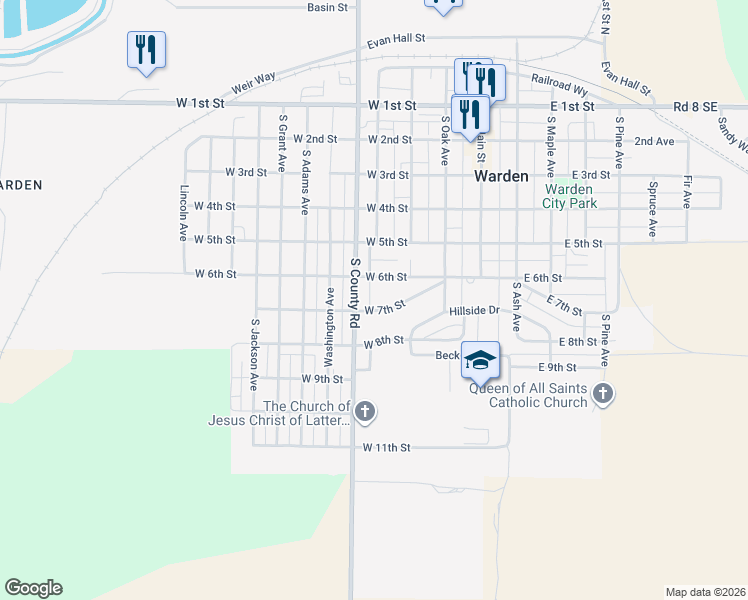 map of restaurants, bars, coffee shops, grocery stores, and more near 317 West 7th Street in Warden