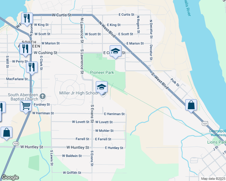 map of restaurants, bars, coffee shops, grocery stores, and more near 100 East Lindstrom Street in Aberdeen