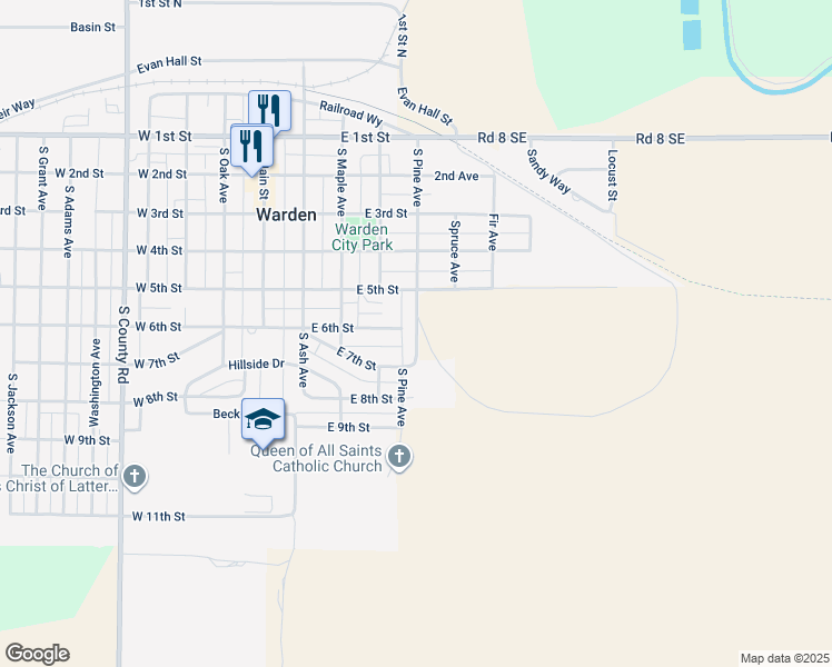 map of restaurants, bars, coffee shops, grocery stores, and more near 415 East 5th Street in Warden