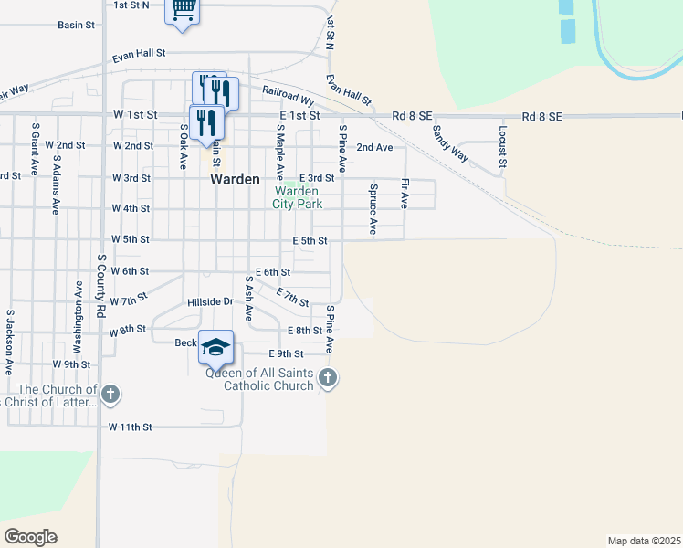 map of restaurants, bars, coffee shops, grocery stores, and more near 415 East 5th Street in Warden