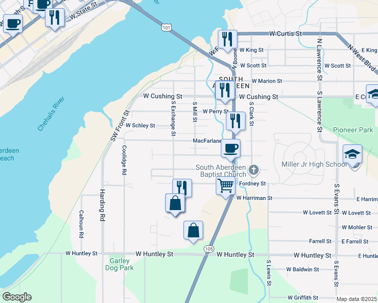 map of restaurants, bars, coffee shops, grocery stores, and more near 508 South Mill Street in Aberdeen