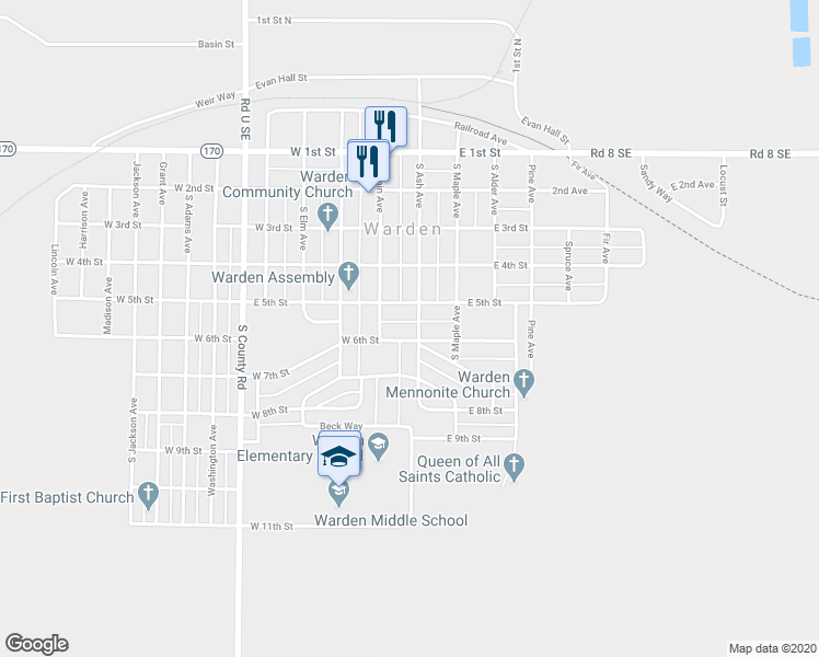 map of restaurants, bars, coffee shops, grocery stores, and more near 517 South Ash Avenue in Warden