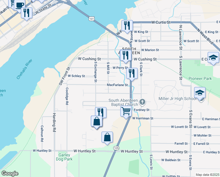 map of restaurants, bars, coffee shops, grocery stores, and more near 508 South Mill Street in Aberdeen