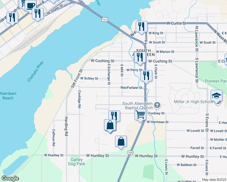 map of restaurants, bars, coffee shops, grocery stores, and more near 1023 Macfarlane Street in Aberdeen