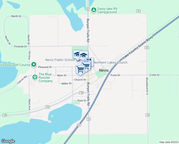 map of restaurants, bars, coffee shops, grocery stores, and more near 204 County Highway 2 in Nevis