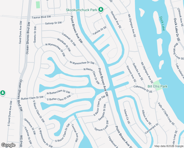 map of restaurants, bars, coffee shops, grocery stores, and more near 135 North Razor Clam Drive Southwest in Ocean Shores