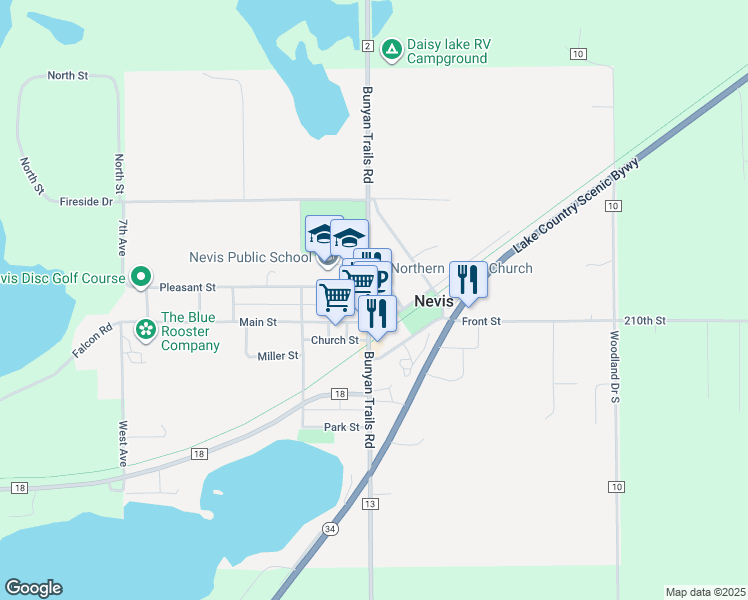 map of restaurants, bars, coffee shops, grocery stores, and more near 204 County Highway 2 in Nevis