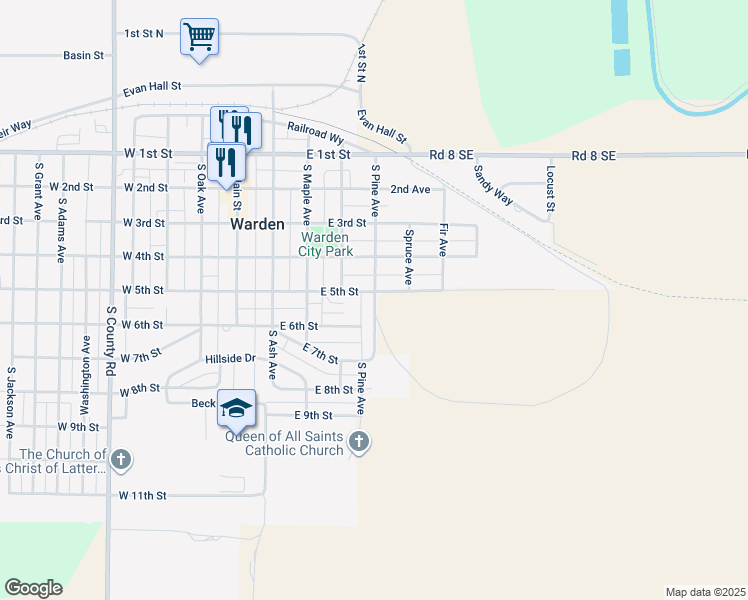 map of restaurants, bars, coffee shops, grocery stores, and more near 415 East 5th Street in Warden