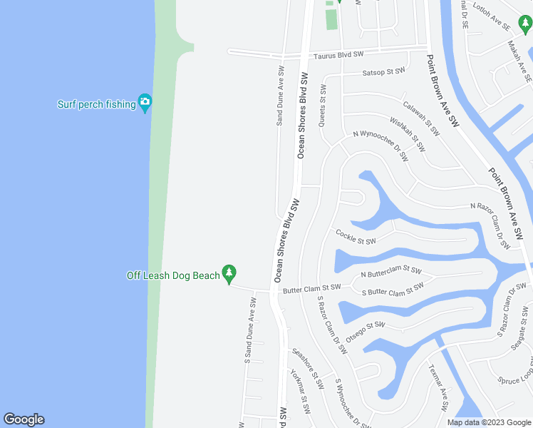 map of restaurants, bars, coffee shops, grocery stores, and more near 595 Sand Dune Avenue Southwest in Ocean Shores