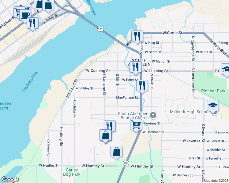 map of restaurants, bars, coffee shops, grocery stores, and more near 310 South Mill Street in Aberdeen