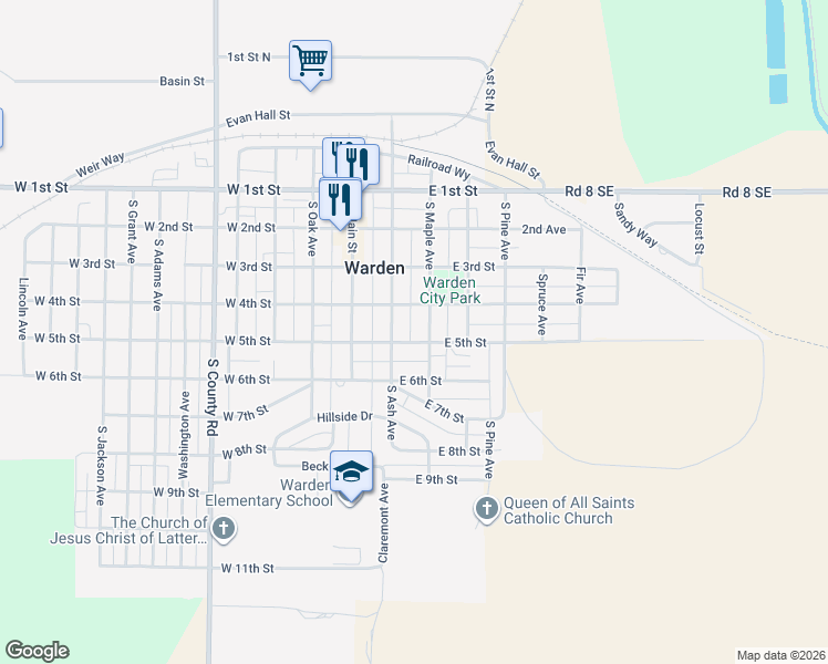 map of restaurants, bars, coffee shops, grocery stores, and more near 400 South Ash Avenue in Warden