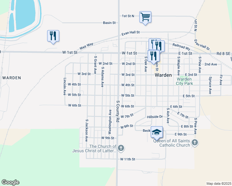 map of restaurants, bars, coffee shops, grocery stores, and more near 421 South County Road in Warden