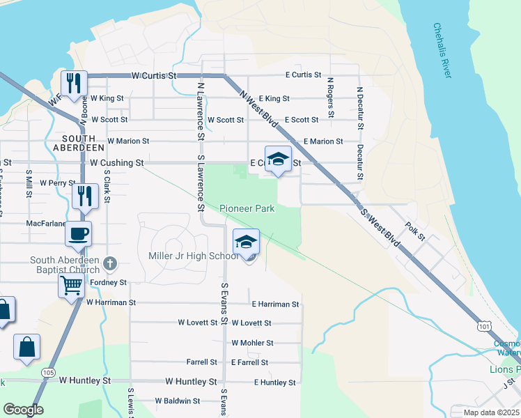 map of restaurants, bars, coffee shops, grocery stores, and more near 100 East Lindstrom Street in Aberdeen