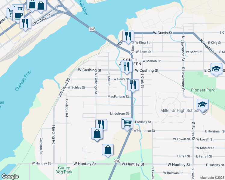 map of restaurants, bars, coffee shops, grocery stores, and more near 310 South Mill Street in Aberdeen