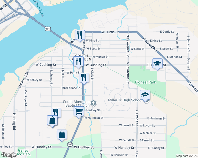 map of restaurants, bars, coffee shops, grocery stores, and more near 600 West Schley Street in Aberdeen
