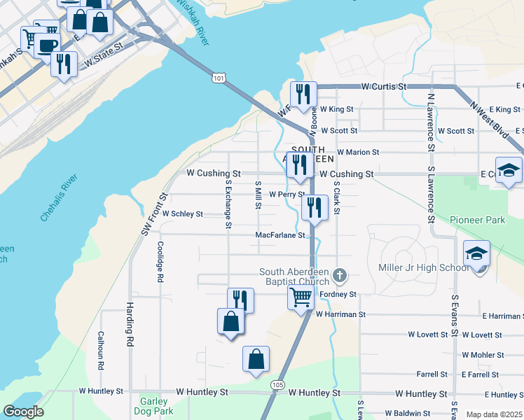 map of restaurants, bars, coffee shops, grocery stores, and more near 310 South Mill Street in Aberdeen