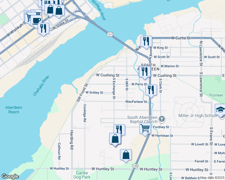 map of restaurants, bars, coffee shops, grocery stores, and more near 309 South Exchange Street in Aberdeen