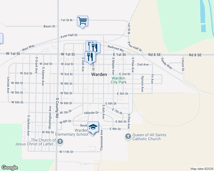 map of restaurants, bars, coffee shops, grocery stores, and more near 400 South Ash Avenue in Warden