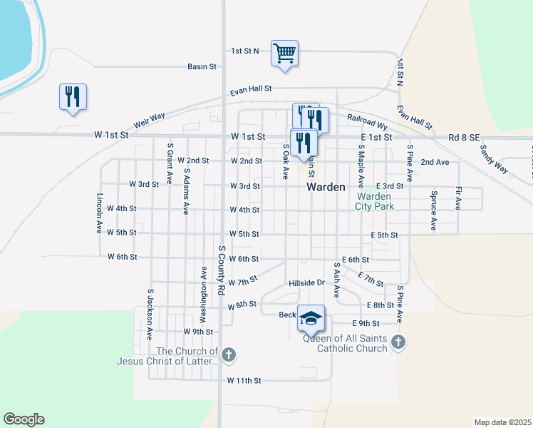 map of restaurants, bars, coffee shops, grocery stores, and more near 400 South Elm Avenue in Warden