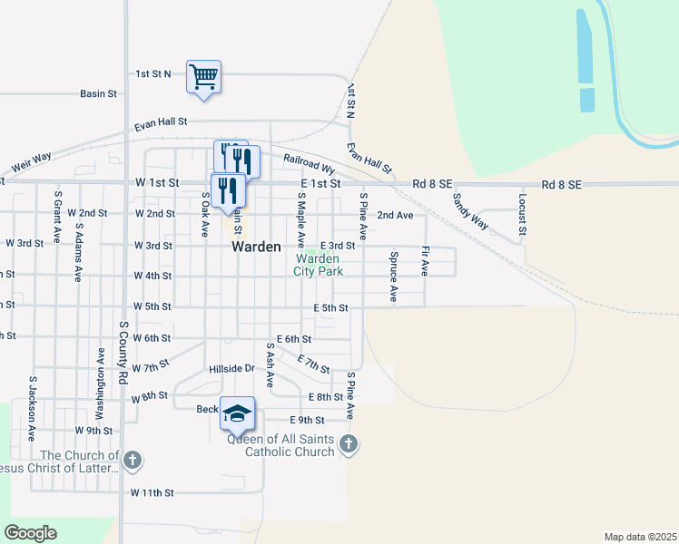 map of restaurants, bars, coffee shops, grocery stores, and more near 405 East 4th Street in Warden