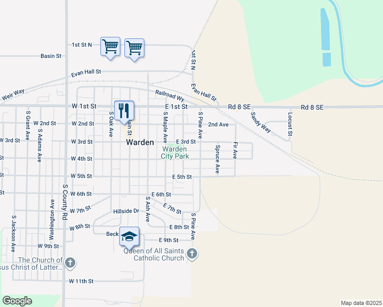 map of restaurants, bars, coffee shops, grocery stores, and more near 405 East 4th Street in Warden