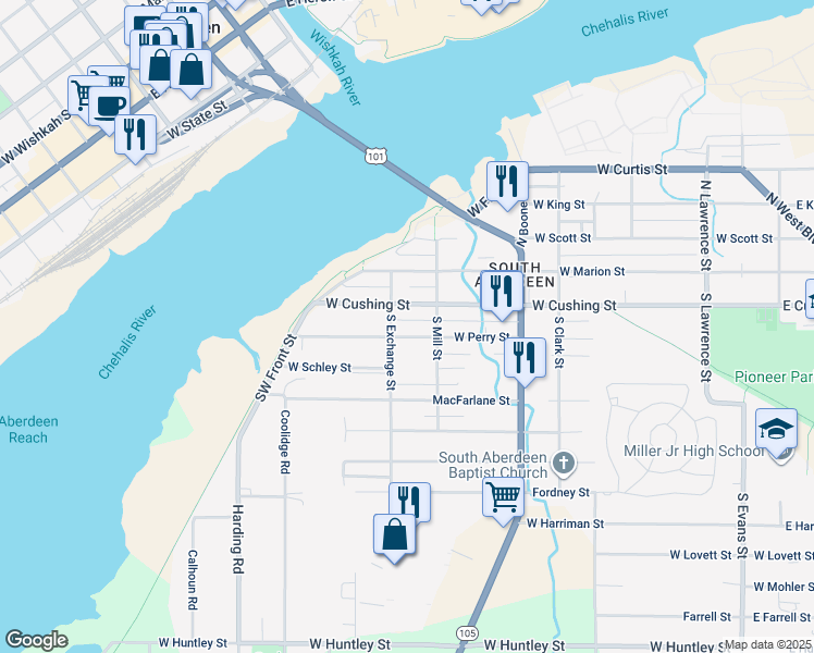 map of restaurants, bars, coffee shops, grocery stores, and more near 1020 West Cushing Street in Aberdeen