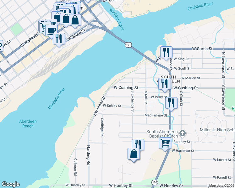 map of restaurants, bars, coffee shops, grocery stores, and more near 1207 West Cushing Street in Aberdeen