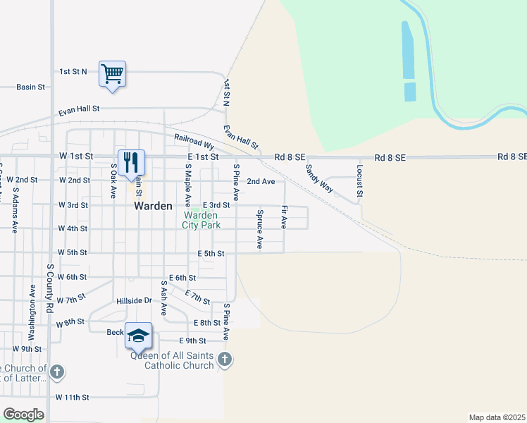 map of restaurants, bars, coffee shops, grocery stores, and more near 606 East 3rd Street in Warden