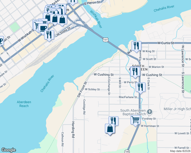 map of restaurants, bars, coffee shops, grocery stores, and more near 1207 West Cushing Street in Aberdeen