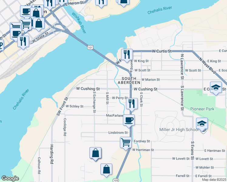 map of restaurants, bars, coffee shops, grocery stores, and more near 917 West Cushing Street in Aberdeen