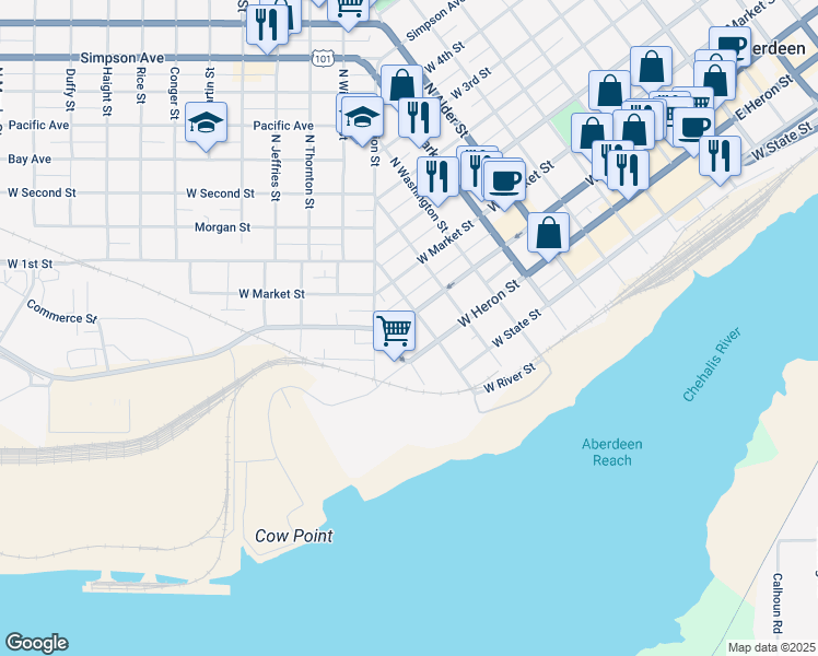map of restaurants, bars, coffee shops, grocery stores, and more near 1109 West Wishkah Street in Aberdeen