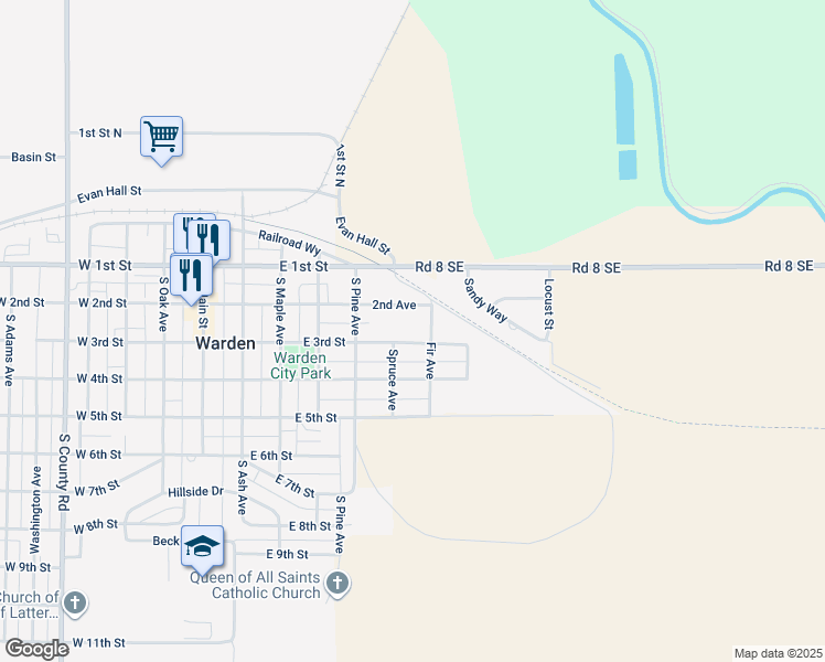 map of restaurants, bars, coffee shops, grocery stores, and more near 606 E 3rd St in Warden