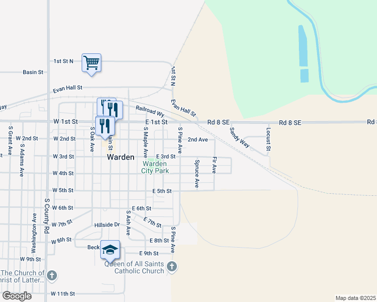 map of restaurants, bars, coffee shops, grocery stores, and more near 508 East 3rd Street in Warden