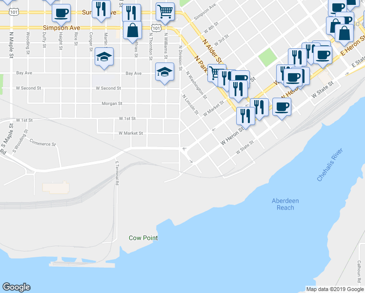 map of restaurants, bars, coffee shops, grocery stores, and more near 1122 West Wishkah Street in Aberdeen