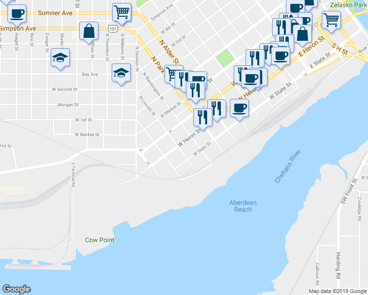 map of restaurants, bars, coffee shops, grocery stores, and more near 909 West Heron Street in Aberdeen