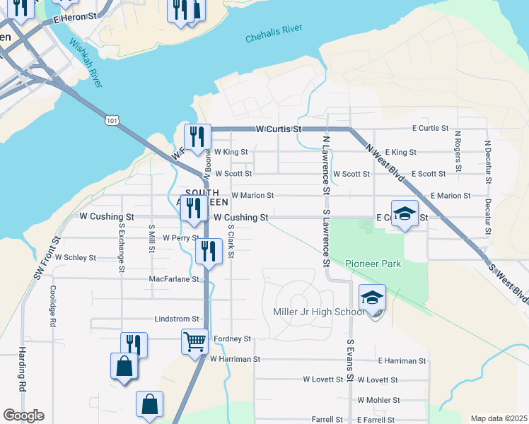 map of restaurants, bars, coffee shops, grocery stores, and more near 520 West Cushing Street in Aberdeen