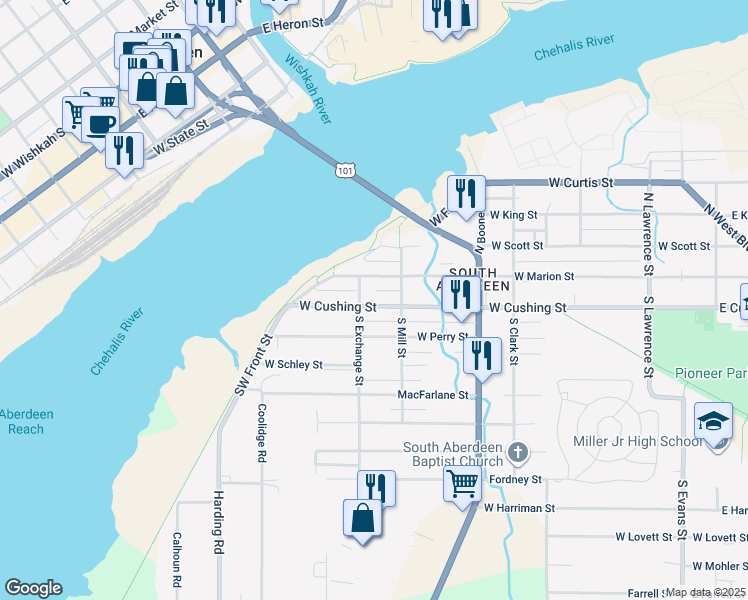 map of restaurants, bars, coffee shops, grocery stores, and more near 1020 West Cushing Street in Aberdeen