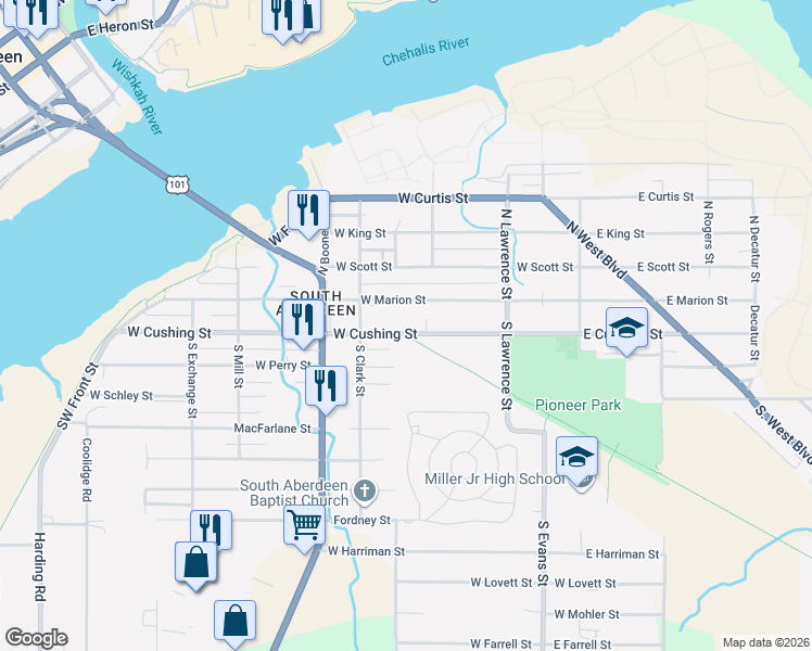 map of restaurants, bars, coffee shops, grocery stores, and more near 520 West Cushing Street in Aberdeen